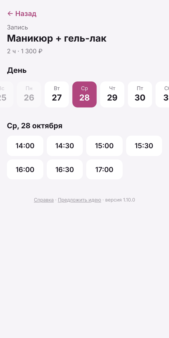 Выбор дня и времени